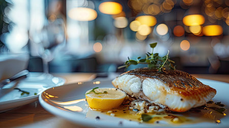Close-up of a fish dinner in a sophisticated restaurant, immersing viewers in the cozy and elegant dining experience.の素材