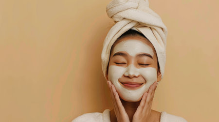 Fresh-skinned Asian woman, beige background, facial treatment and spaの素材