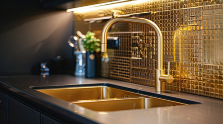 High-quality kitchen sink with gold faucet, black countertop, and stylish backsplashの素材