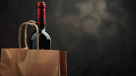 Close-up of a red wine bottle and a shopping bag with an empty label. Ideal for product presentation and packaging mockups.の素材