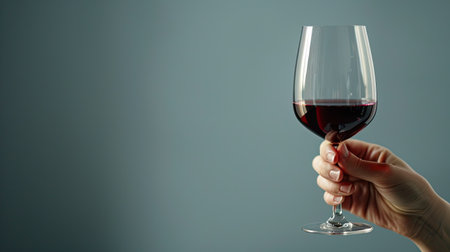 Stylish hand holding a glass of red wine on a gray backdrop, creating a serene and sophisticated scene with ample copy space.の素材