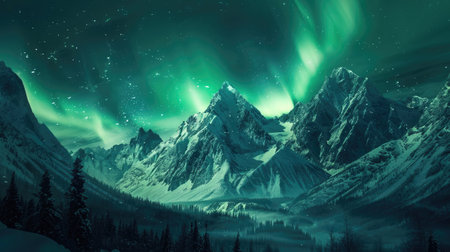 Creative image of the Aurora Borealis glowing green above a frosty forest and majestic mountains at night.の素材