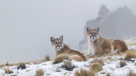 Majestic pumas in their natural winter habitat, snowy terrain, and foggy atmosphere of Torres del Paine, Chile.の素材