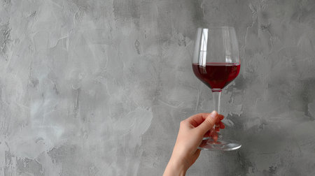 Relaxing moment with a hand holding a glass of red wine against a gray background, providing ample space for beverage-related text.の素材