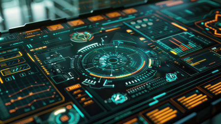 A futuristic interface with holographic metrics and graphsの素材