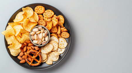Assorted salty snacks on a grey plate: crackers, potato chips, mini pretzels, almonds, and pistachios. Top view with ample white spaceの素材