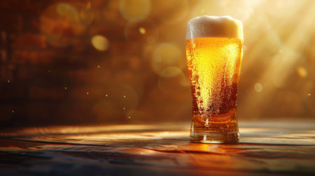 Beer in warm, soft light, with a golden color and frothy head. Ideal for creating a cozy and refreshing drink atmosphereの素材