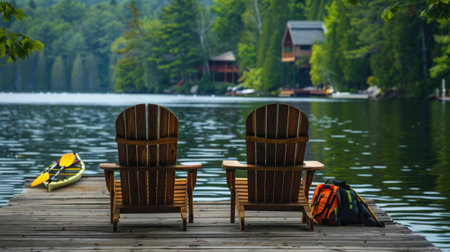 Cozy scene with two Adirondack chairs on a dock, facing Muskoka's blue waters. Nearby canoe paddles, life jackets, and a charming cottage acrossの素材