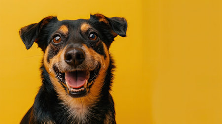 Cheerful dog with a happy face, isolated on a yellow background. Capturing the essence of a joyful petの素材