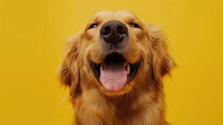 Cute dog with a joyful smile, isolated on a yellow background. Happy pet portrait full of positive energyの素材