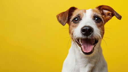 Cute dog with a joyful smile, isolated on a yellow background. Happy pet portrait full of positive energyの素材