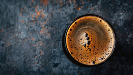 Close-up top view of dark stout beer with coffee on a dark background. Showcasing the blend of robust flavors in a unique beverageの素材