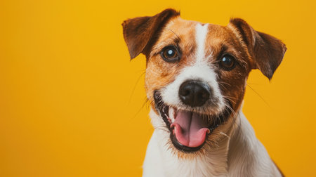 Cute dog with a big smile and cheerful expression, set against a bright yellow background. Happy canine momentsの素材