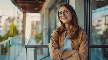 Happy woman on balcony, arms crossed, expressing pride in her company. Glasses, designer, and outdoor office comfortの素材