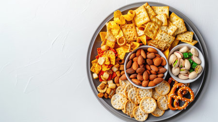Grey plate with an assortment of crackers, potato chips, mini pretzels, almonds, and pistachios. Salty appetizers on a white backdropの素材