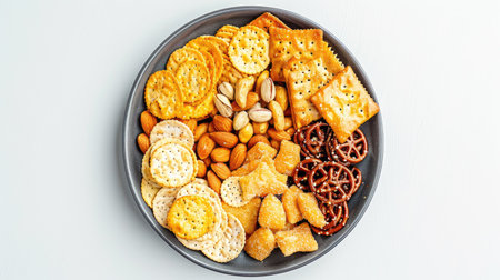 Top view of a grey plate filled with party mix: crackers, potato chips, mini pretzels, almonds, and pistachios. Salty snacks on a white backgroundの素材