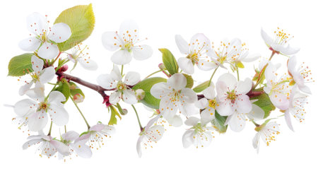 Prunus tree blossoms and leaves isolated on white, capturing the essence of spring with fresh, vibrant floral detailsの素材
