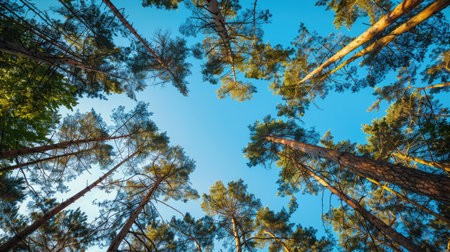 Tall trees extending into a clear blue sky, showcasing the harmony of nature. Peaceful and scenic view of treetopsの素材