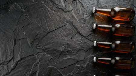 Top-down shot of several glass beer bottles on a black stone background. Flat lay showcasing their arrangement and sleek appearanceの素材