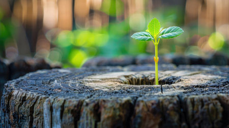New sprout growing from old stumps, symbolizing new beginnings and business development. Focus on hope, life, and future buildingの素材