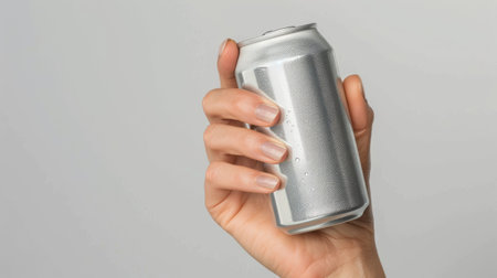 hand gripping an aluminum can on a white backdrop. Close-up emphasizing the texture and design of the canの素材