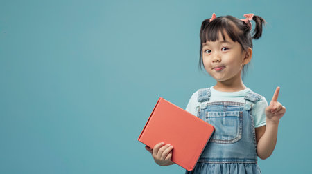 Adorable little Asian girl in jeans dress, pointing aside, holding books, standing against plain backgroundの素材
