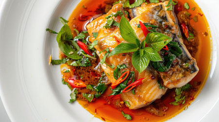 Close-up top view of spicy stir-fried catfish with curry paste on a white plate, garnished with herbs and red chili, highlighting Thai flavorsの素材