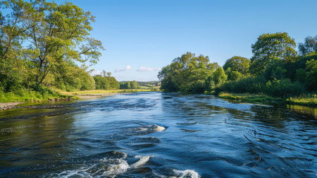 Blue water river flowing through a serene countryside landscape, surrounded by trees and clear skyの素材