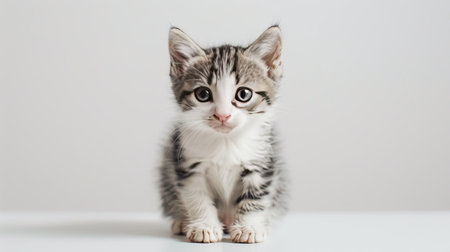 White and tabby kitten sitting attentively on white background, highlighting feline beauty and pet careの素材