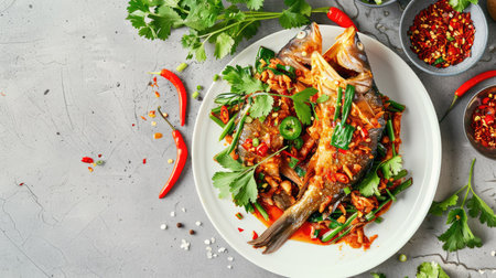 Spicy stir-fried catfish with curry paste on a white plate, viewed from above, with fresh herbs and chili, representing Thai cuisineの素材