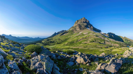 High-angle view of green, rocky mountain landscape with prominent peak under clear blue sky, panoramic beautyの素材