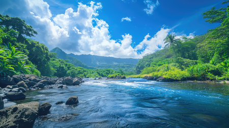 Scenic blue water river with rocky banks and lush vegetation, under a vibrant and cloudless skyの素材