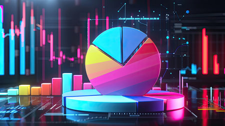 Radiant 3D pie chart with colorful segments and financial icons, representing data analysisの素材