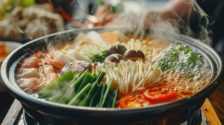 Close-up of a hot pot filled with assorted vegetables, meat, and seafood, representing Shabushi diningの素材