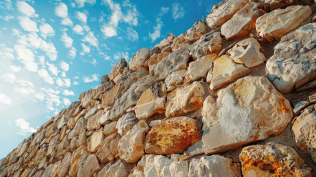 Aged stone wall with intricate textures, framed by a clear, sunny blue skyの素材