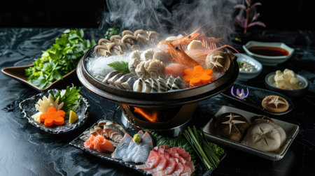 Assorted Shabushi ingredients neatly arranged around a steaming hot potの素材