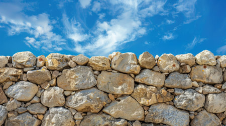 Close-up of a rustic stone wall texture with the blue sky creating a vibrant backdropの素材