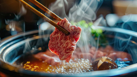 Close-up of chopsticks holding a piece of beef over a Shabushi hot pot, ready to dipの素材