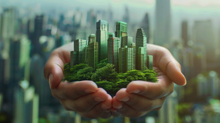 Radiant 3D hands holding a green city, symbolizing sustainable urban developmentの素材