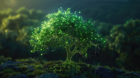 Glowing 3D green tree with interconnected lines, representing nature conservationの素材