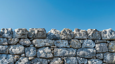 Detailed view of a grunge stone wall texture with the blue sky providing a striking contrastの素材