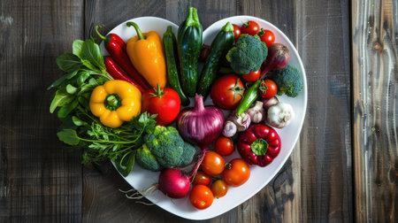 Heart-shaped plate of vibrant vegetables on a nutritionist's desk, highlighting dietary healthの素材