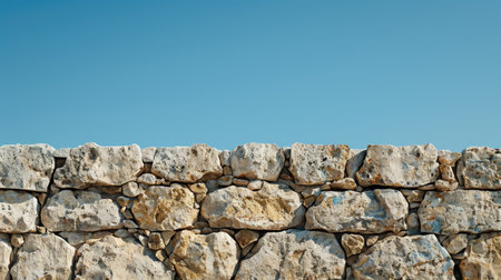 Wide shot of a rugged stone wall texture set against a clear blue sky, highlighting the wall's natural grunge appealの素材