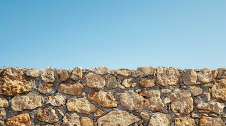 Wide shot of a rugged stone wall texture set against a clear blue sky, highlighting the wall's natural grunge appealの素材