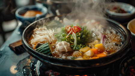 Sizzling Shabushi hot pot with bubbling broth and an assortment of fresh ingredientsの素材
