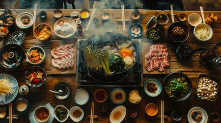 Shabushi dining table with boiling hot pots, raw ingredients, and various saucesの素材