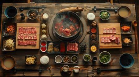 Shabushi dining table with boiling hot pots, raw ingredients, and dipping saucesの素材