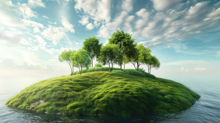Vacation backdrop: 3D rendering of cut ground, grassy landscape, trees on an island, and eco-friendly design conceptの素材
