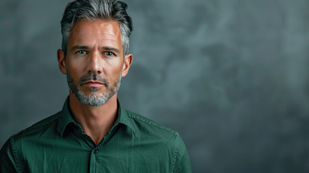 Close-up portrait of a mature professional businessman in a green shirt, displaying confidence and seriousness, isolated on a gray backgroundの素材