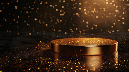 Gold podium in 3D on a dark glittering background, perfect for showcasing luxury products in a stunning mockupの素材